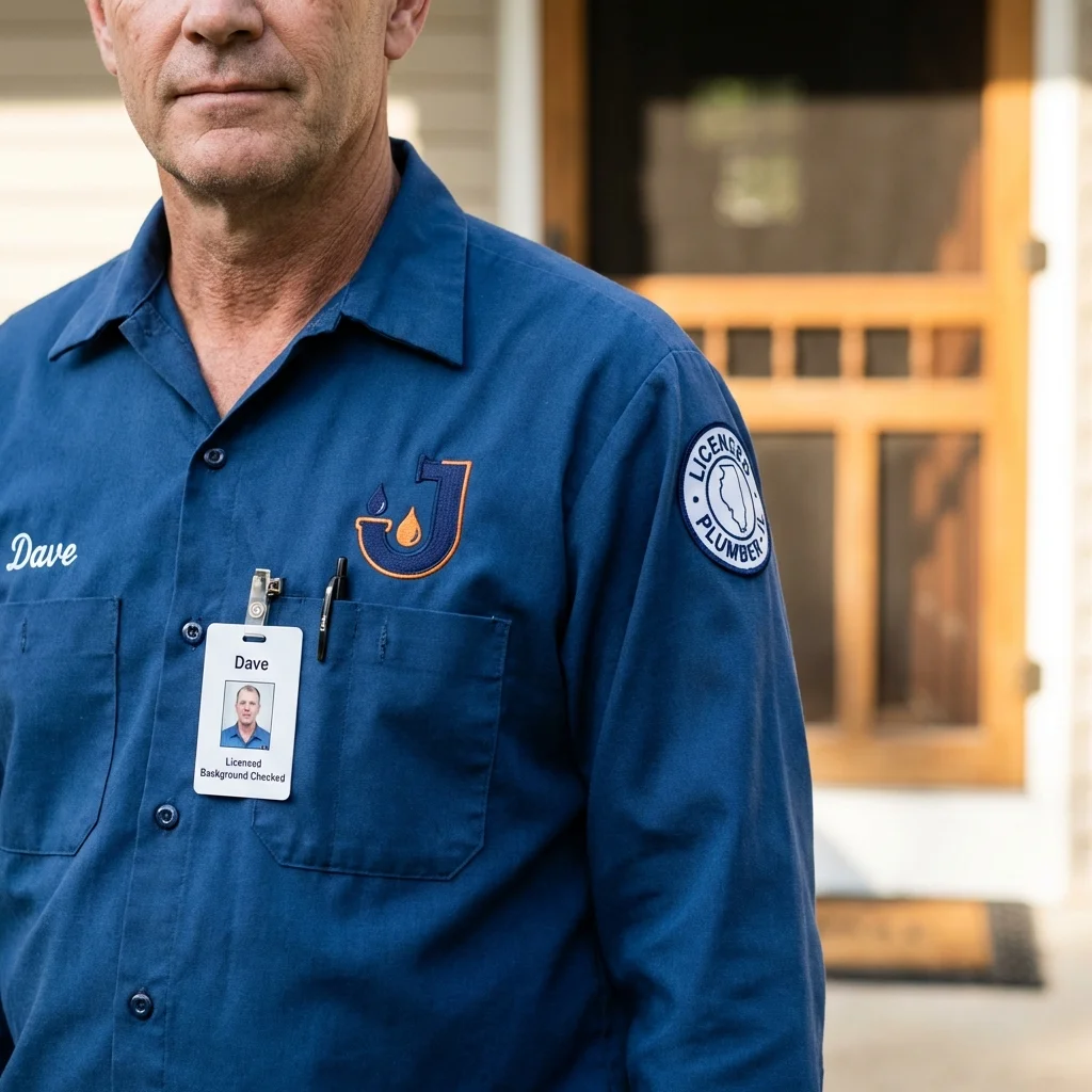 Licensed plumber showing ID badge in Fayetteville, WV