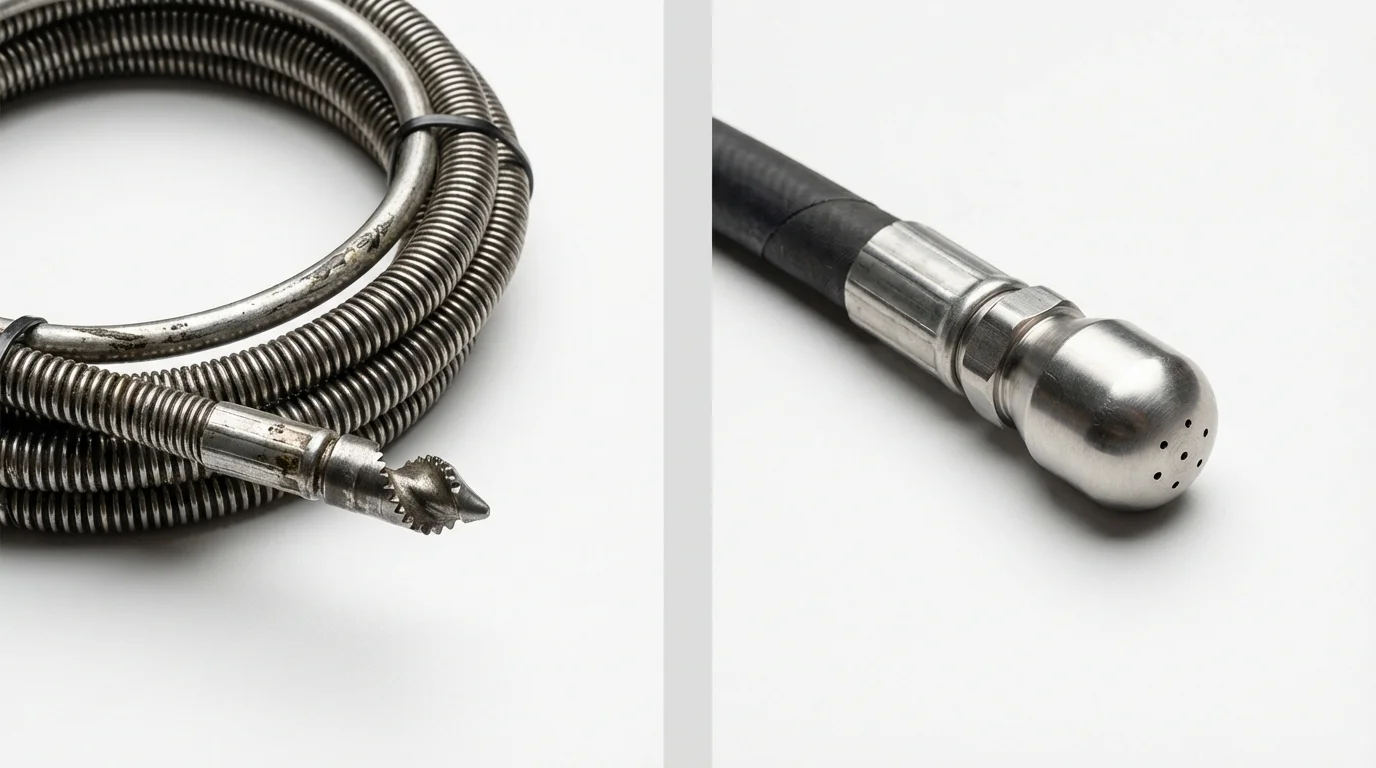 Drain snake cable and hydro jetting nozzle used for drain cleaning in Fayetteville, WV