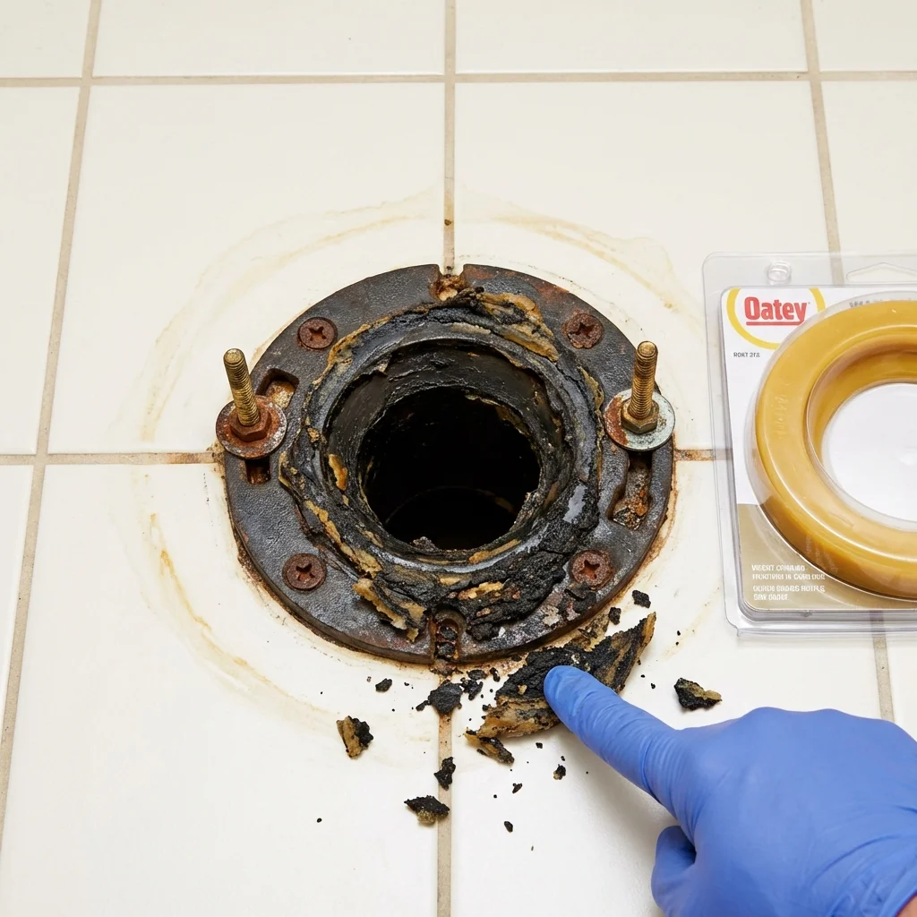 Failed wax ring showing water seepage at the base of a toilet in a Fayetteville, WV home