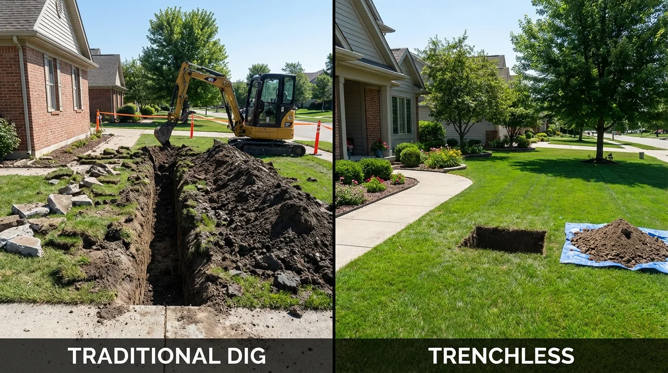 Trenchless sewer repair with minimal yard damage versus traditional excavation in Fayetteville, WV