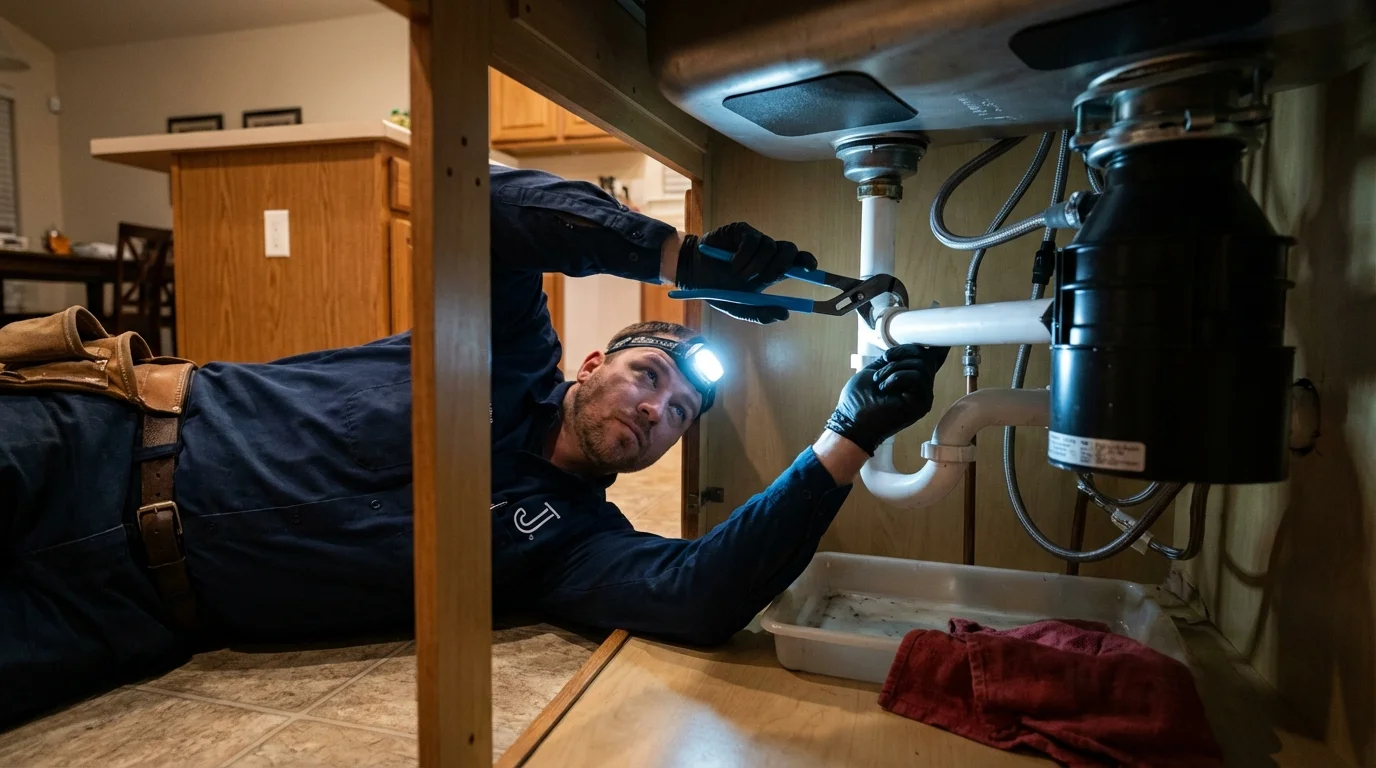 P-trap and supply line connections under a kitchen sink showing a common leak point in Fayetteville, WV